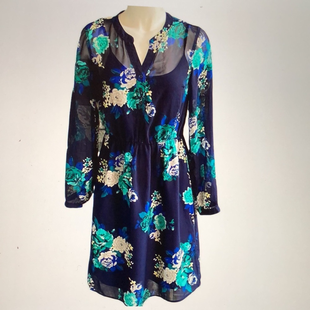 Old Navy Floral Print Blue Long Sleeve Dress Sheer Overlay Size Small